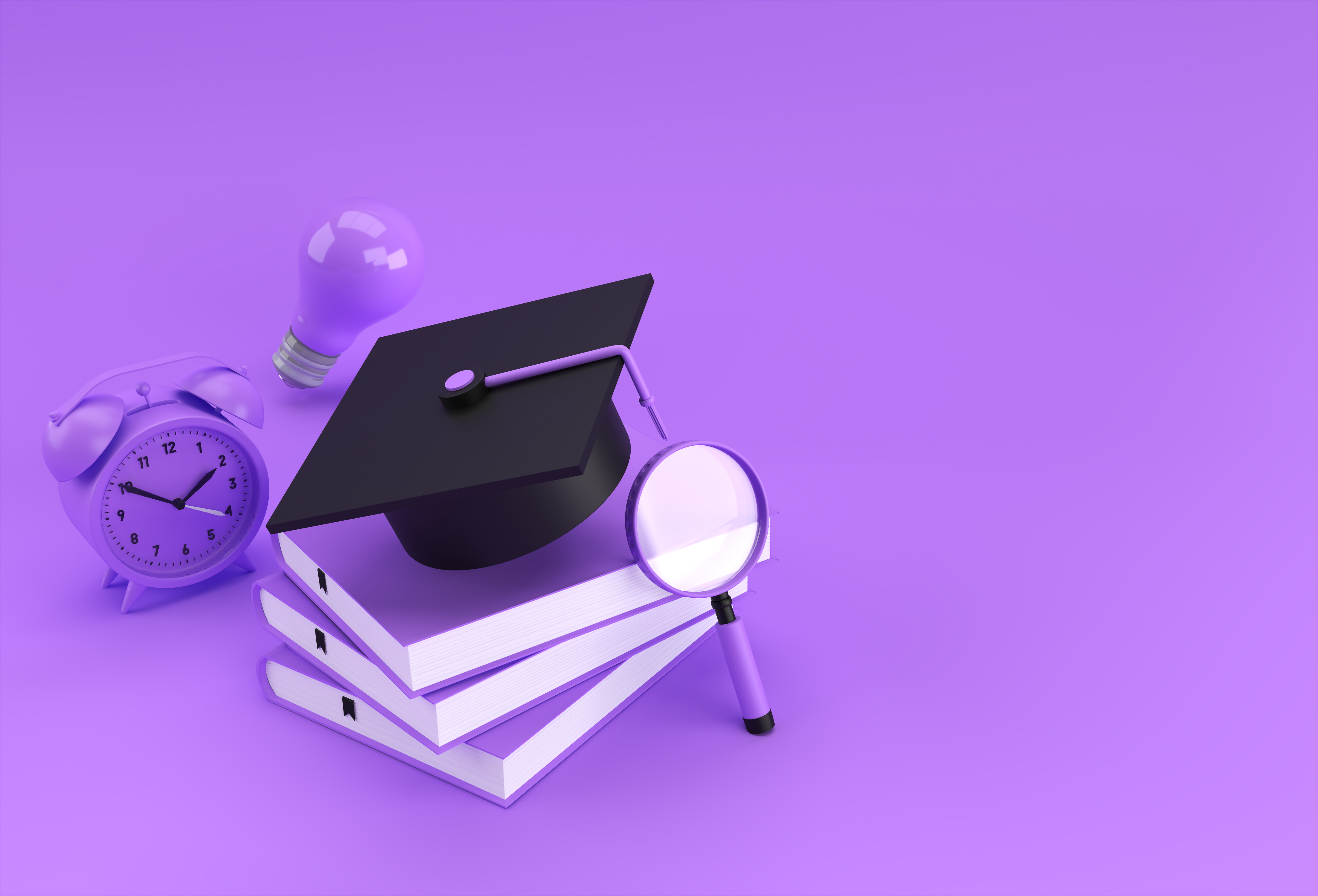 3D Rendering of Graduation Cap, magnifying glass Bulb with books Realistic 3d shapes. Education online concept.